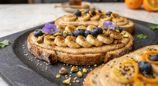 Honey Tahini Toast with BeeBlend Sesame Honey, banana and blueberries