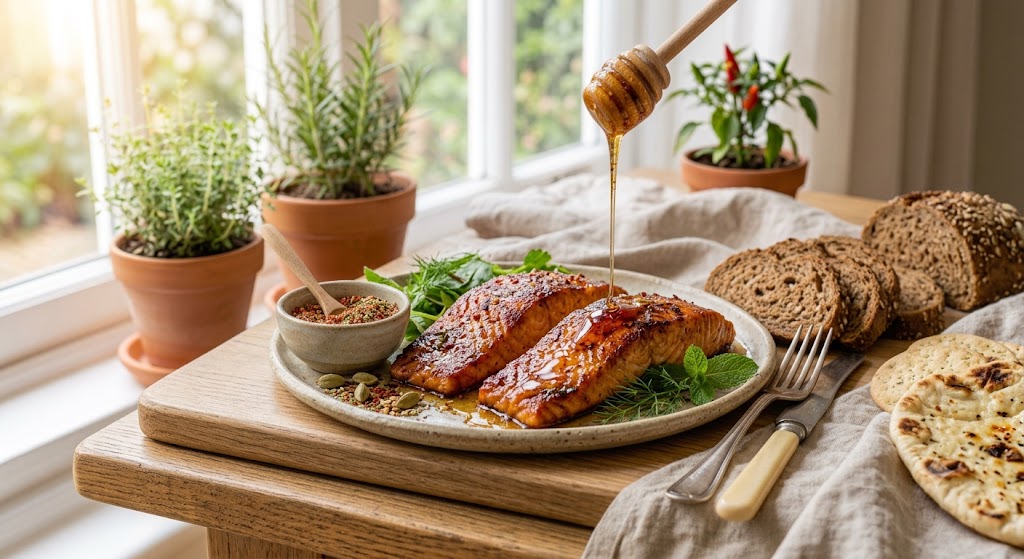 Kashmiri honey glazed salmon with BeeBlend Acacia Honey