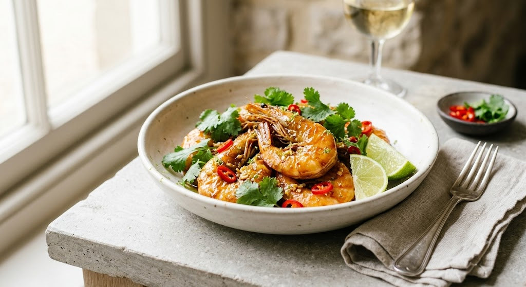 Lychee Honey Glazed King Prawns