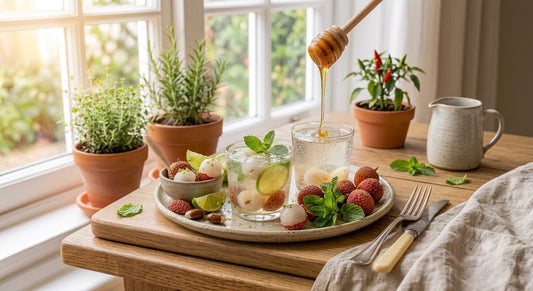 Lychee Honey Healthy Elixir made with BeeBlend Lychee Honey, fresh lychee, lemon and mint