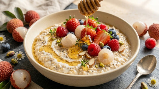 Lychee Honey Overnight Oats with berries and BeeBlend Lychee Honey
